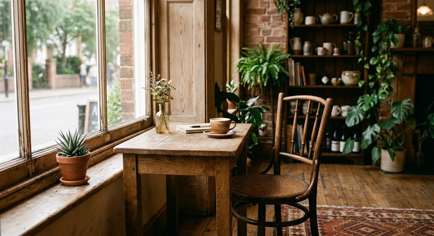 Left half — café aesthetic